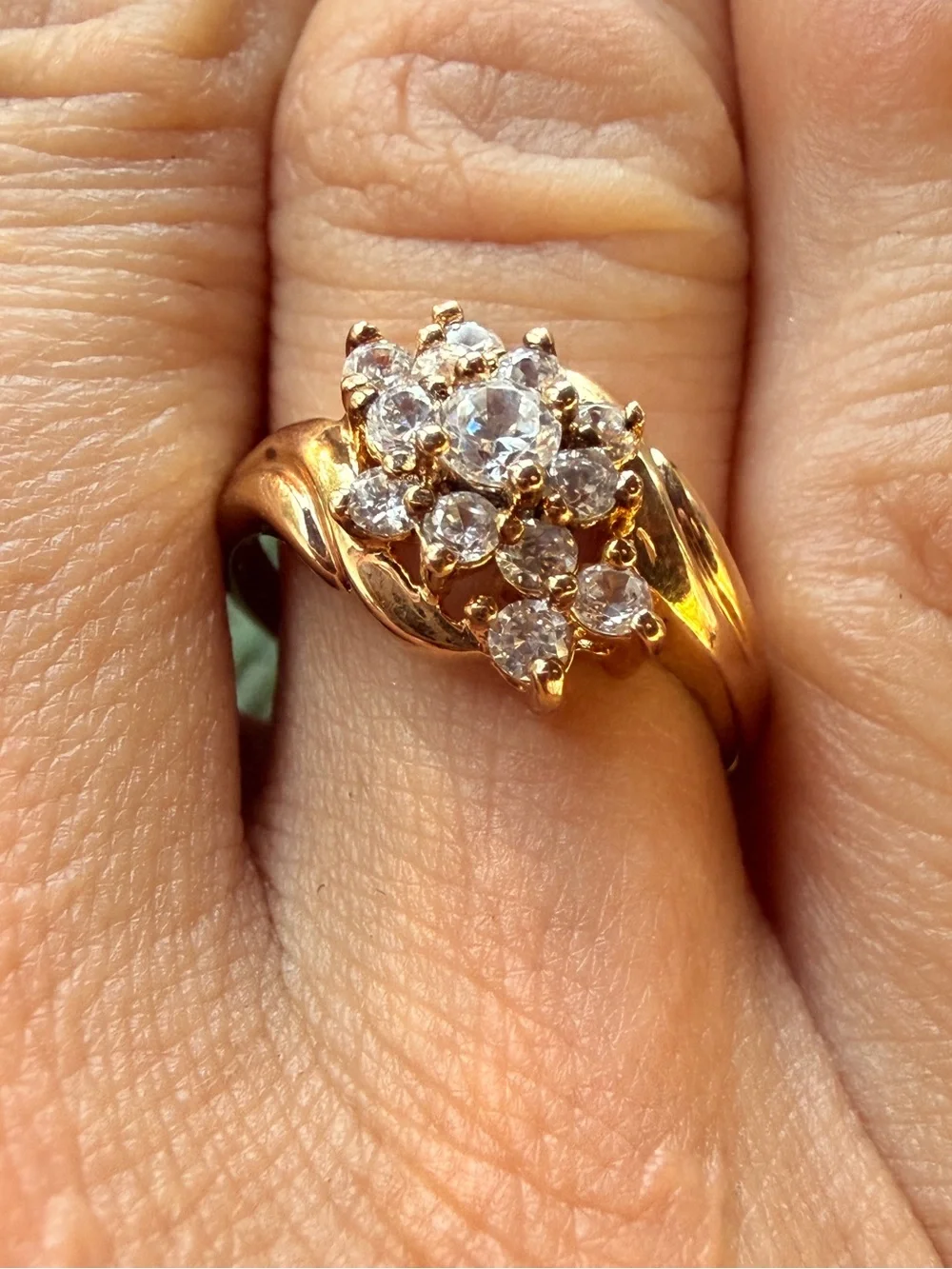 Vintage 925 Gold Vermeil Cubic Zirconia Diamond Cluster Bypass Ring